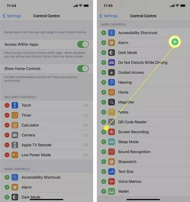 add screen record to iphone shortcut