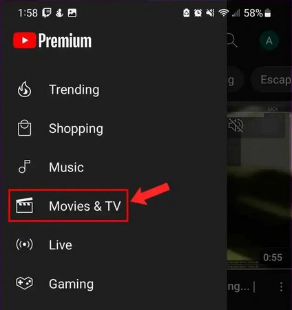 find youtube movie tv section